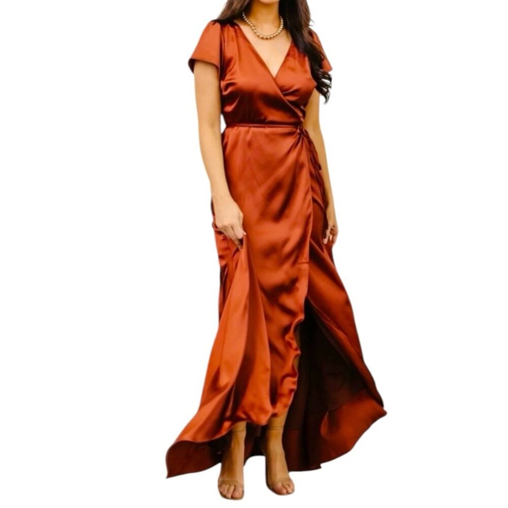 Baltic Born Maxi Wrap Dress Short Sleeve Burnt Orange Satin Women’s Size XXL